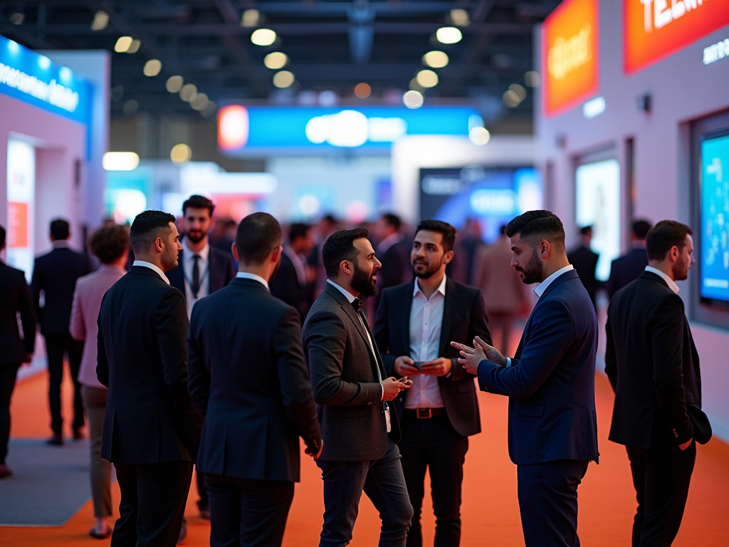 Businessmen conversing at a brightly lit tech conference with colorful displays.