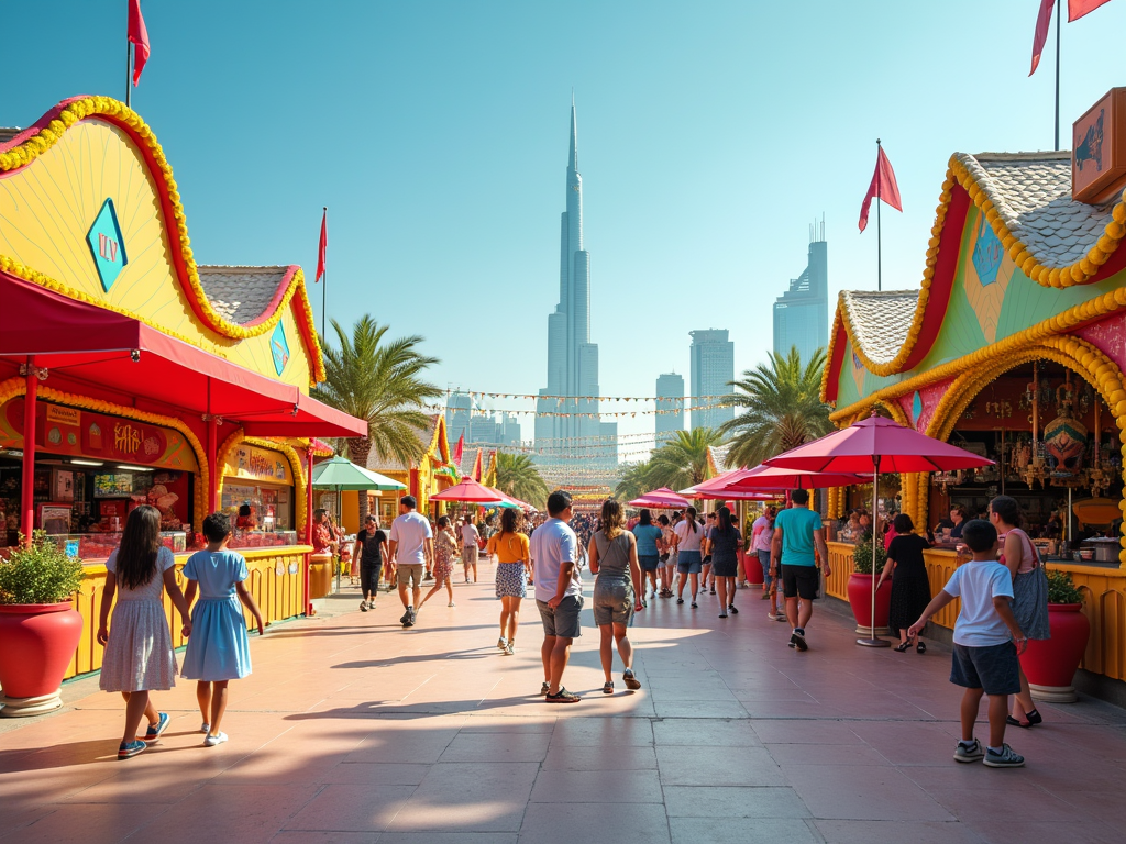 Street view of a colorful, bustling market near tall skyscrapers, with people strolling and vendor stalls.