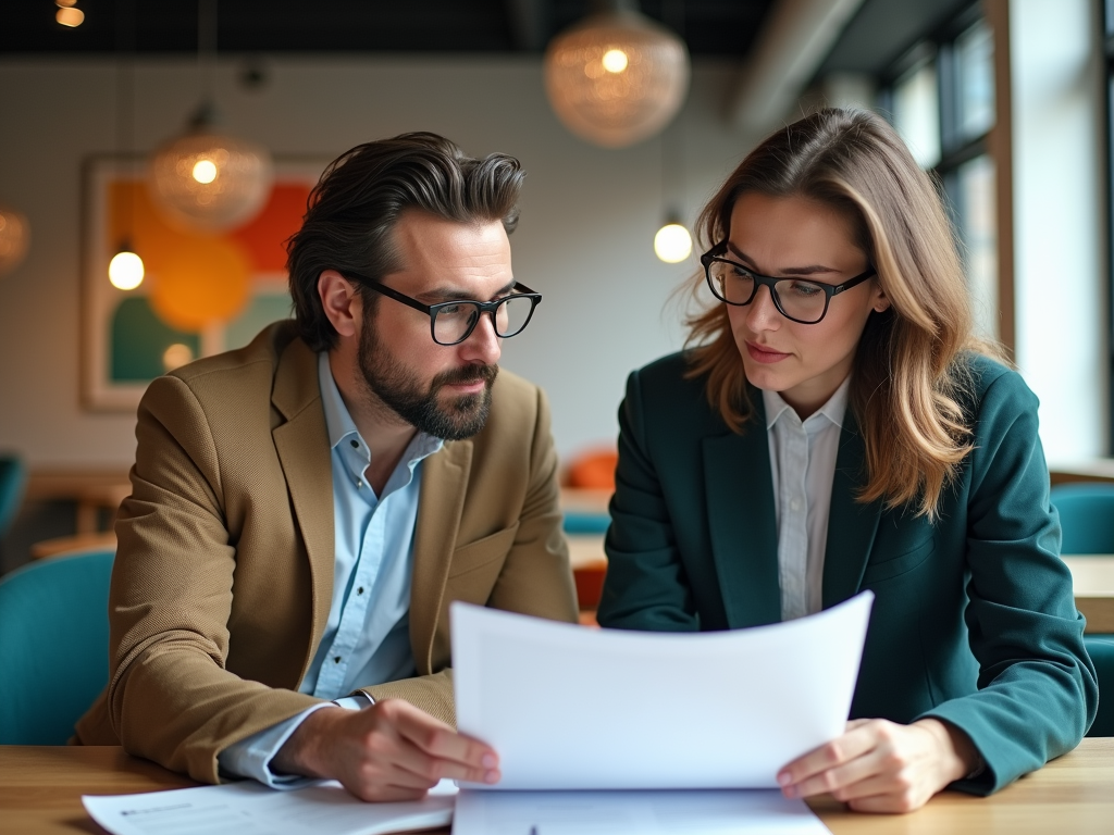 Two professionals, a man and a woman, review documents together in a modern office setting.