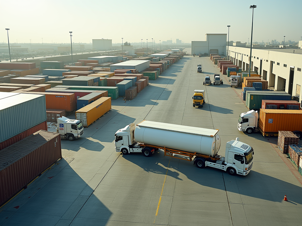 Trucks and containers at a busy industrial freight terminal during daytime.