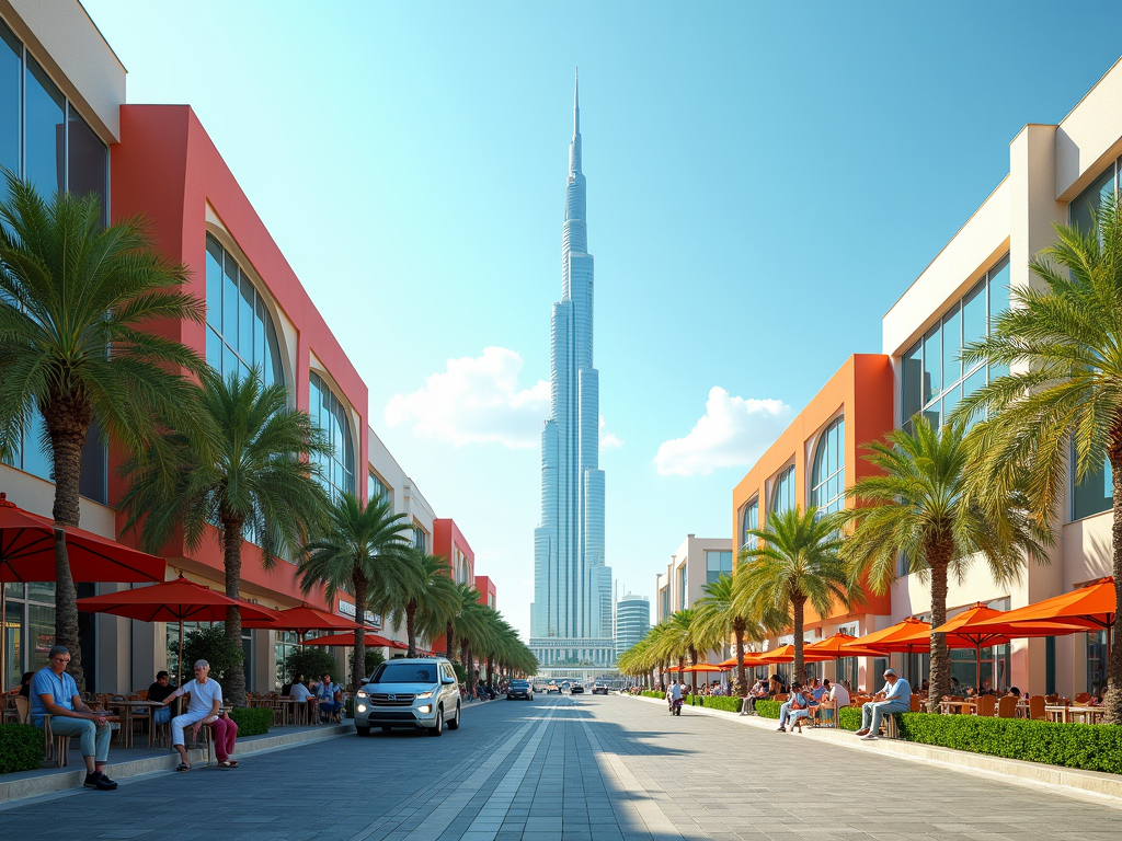 Sunny street view with Burj Khalifa in the background, orange umbrellas at cafes, people relaxing, and cars.