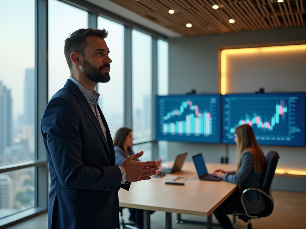 Businessman discussing in office with digital finance charts on screen and colleagues working.