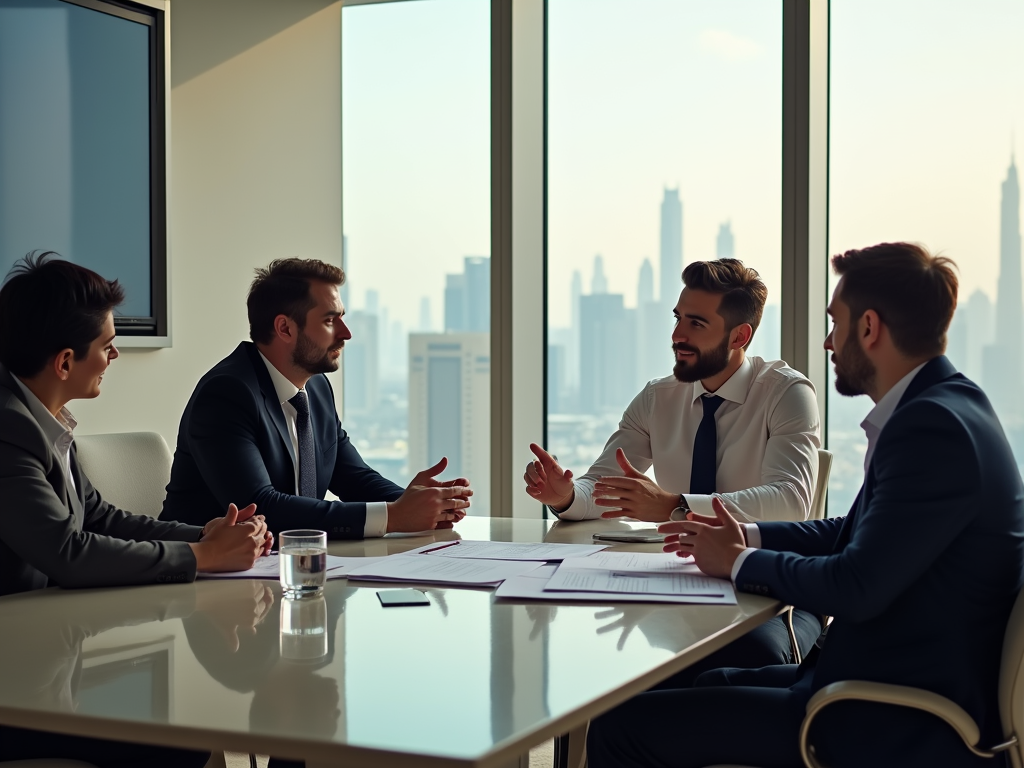 Four businessmen having a discussion at a conference table in a modern office with a cityscape background.