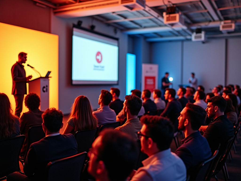 Speaker presenting at a corporate event with attentive audience in a modern conference room.