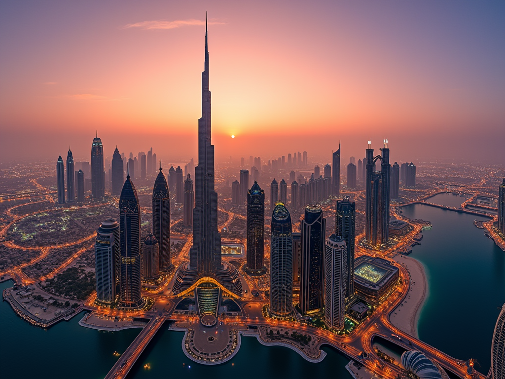 Aerial view of Dubai skyline at sunset with towering skyscrapers and coastline.