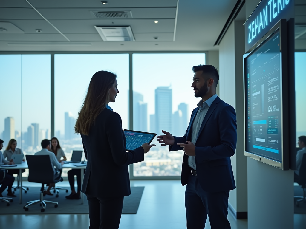 Two professionals discussing near a digital display in a modern office with cityscape views.