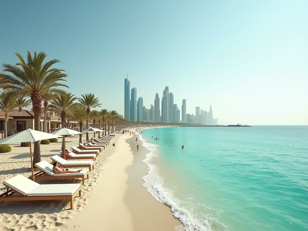 Sunny beach lined with palm trees and sun loungers, facing modern skyscrapers.