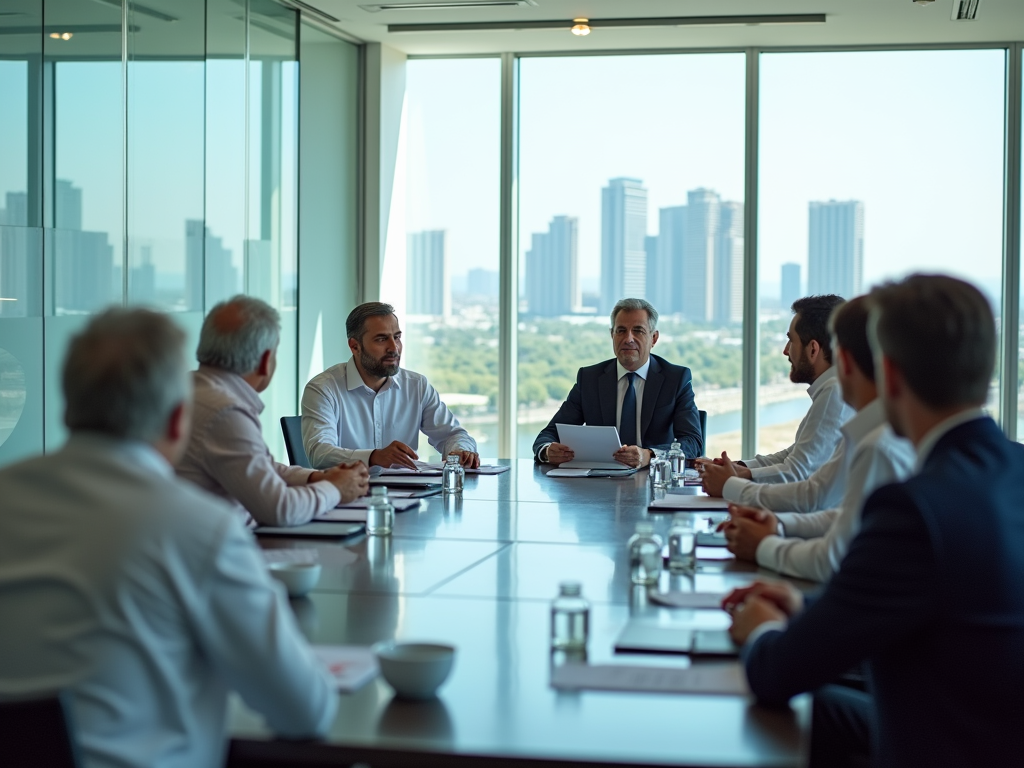 Businessmen in a boardroom meeting overlooking a city skyline.