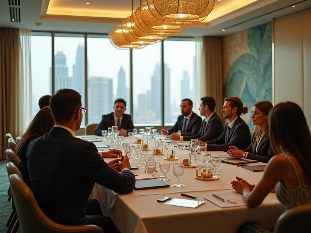 Business professionals seated at a conference table in a high-rise building.