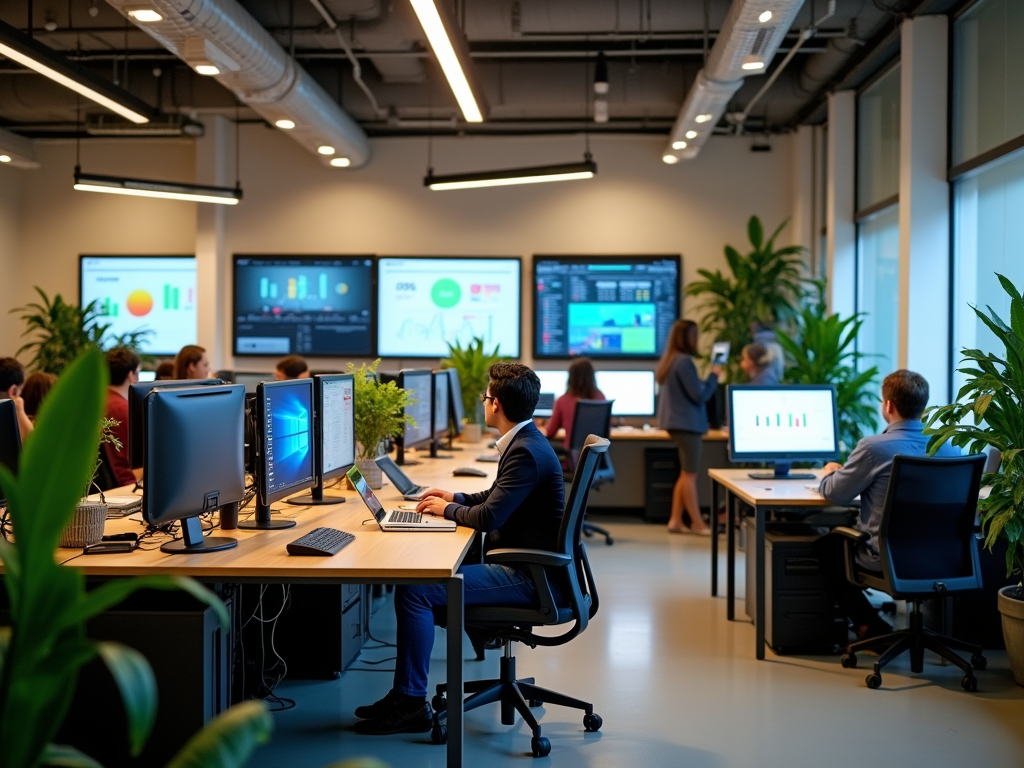 Professionals working at desks with computers in a modern office, displaying data analysis charts.