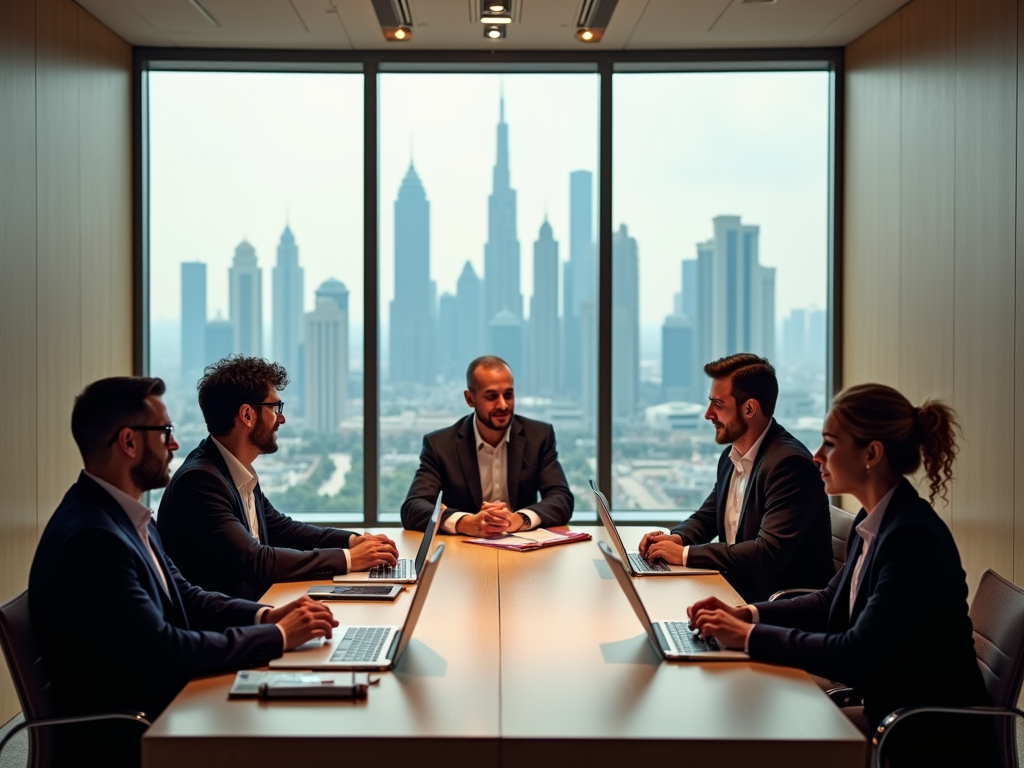 Business professionals discuss in a boardroom with a cityscape visible through large windows.