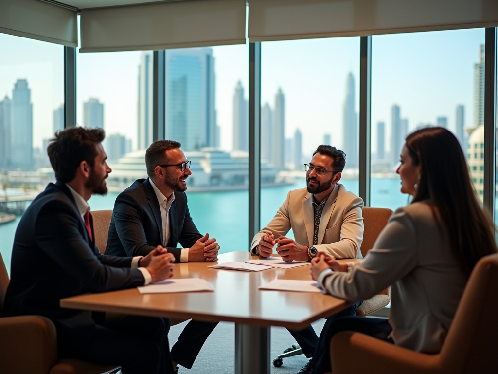 Four professionals sitting in a modern office discussing, with a city skyline visible through large windows.