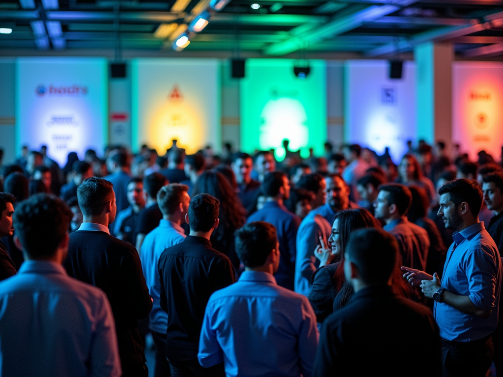 Crowded networking event with people in business attire, illuminated by colorful ambient lights.