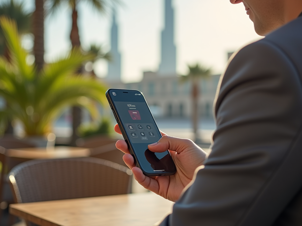 Man using smartphone with city skyline in background.