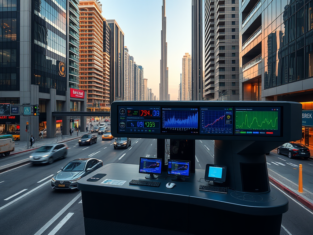 A modern city view with sleek buildings, traffic, and a high-tech control panel displaying data and graphs.