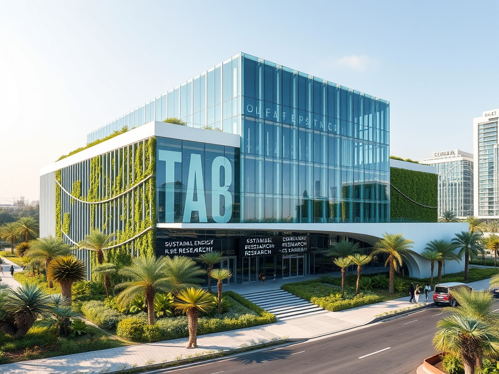 A modern glass building with green vertical gardens, labeled "TA8," surrounded by palm trees and a clear sky.