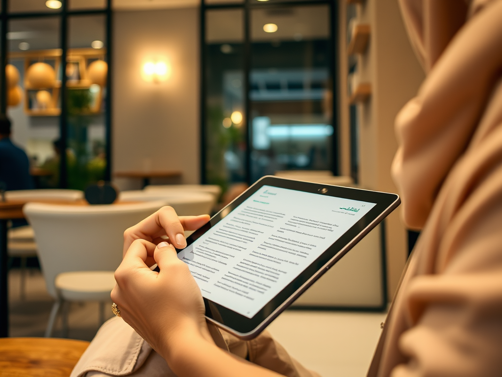 A person in a hijab holds a tablet displaying text, sitting in a cozy, modern café setting.