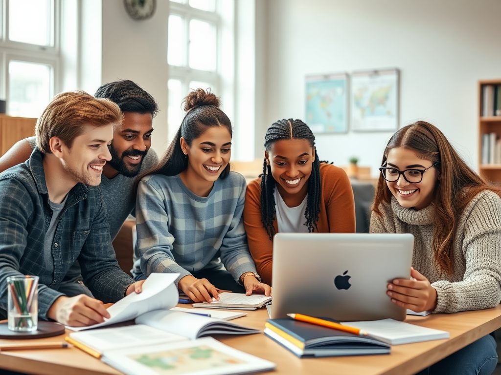 A diverse group of five students smiles and engages with a laptop in a study room filled with books and materials.