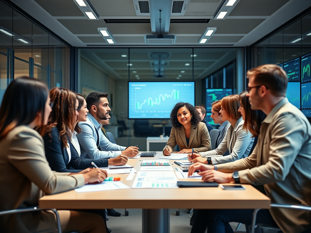 A diverse group of professionals engaged in a discussion around a conference table, with data charts on screens.