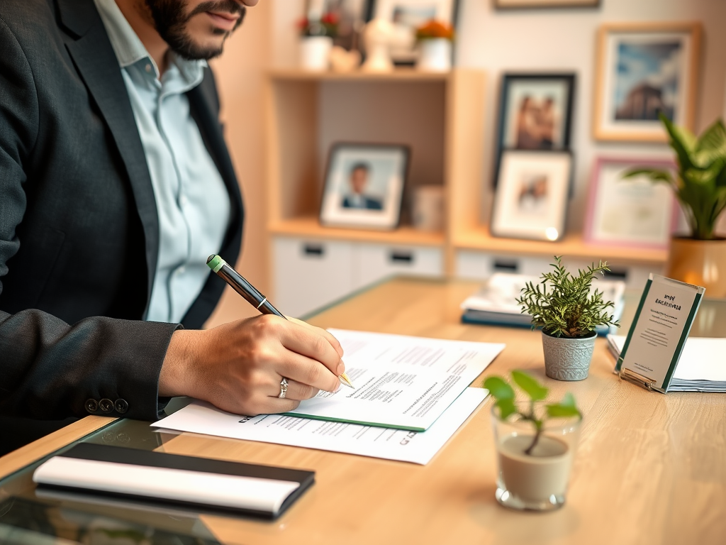 A person in a suit writes on a document at a desk with plants and framed photos in the background.