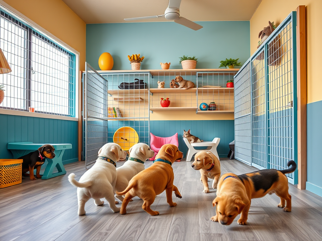 A bright and colorful pet playroom with playful puppies exploring and a cat lounging on a shelf.