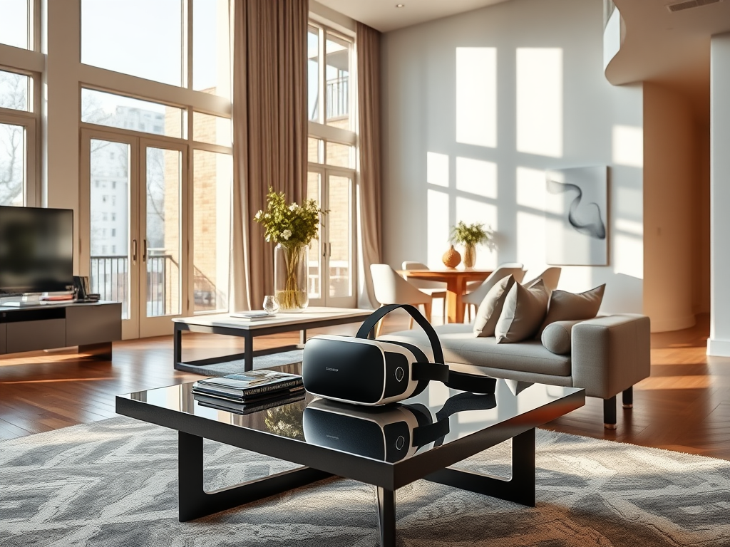 A bright, modern living room featuring a VR headset on a coffee table, with large windows and stylish furniture.