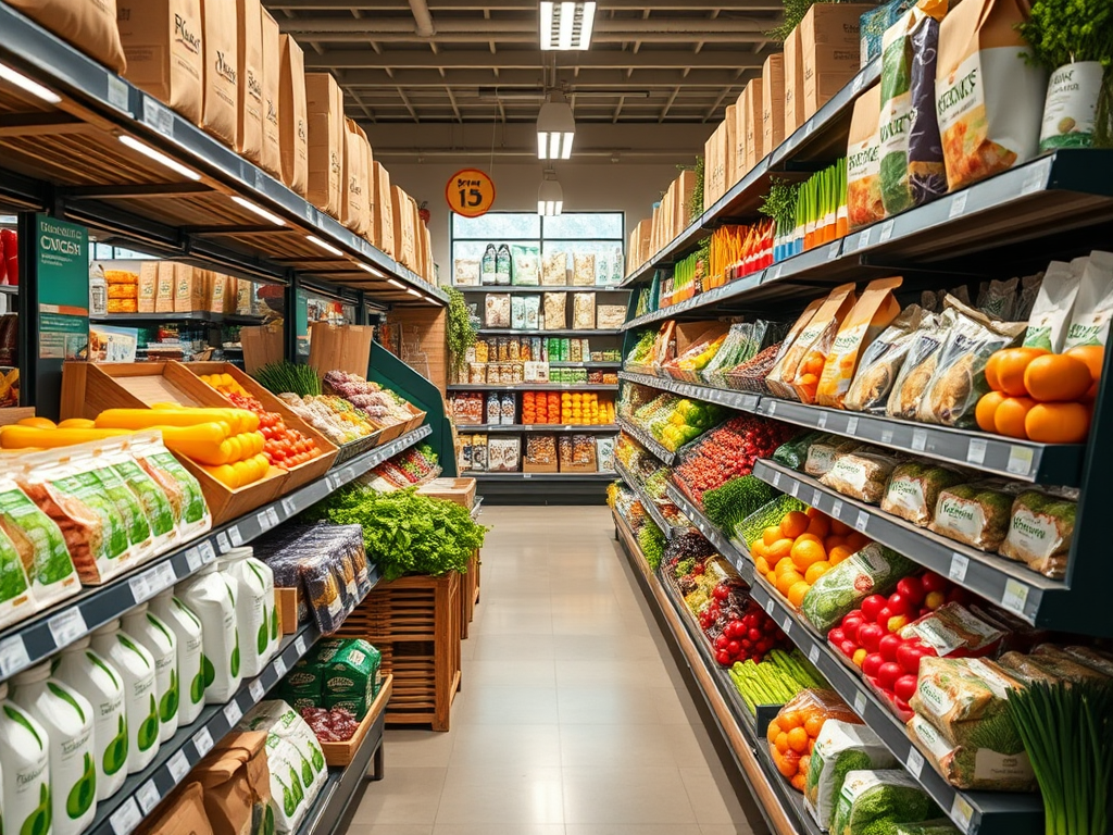 A grocery store aisle stocked with various fruits, vegetables, and packed goods on neatly organized shelves.