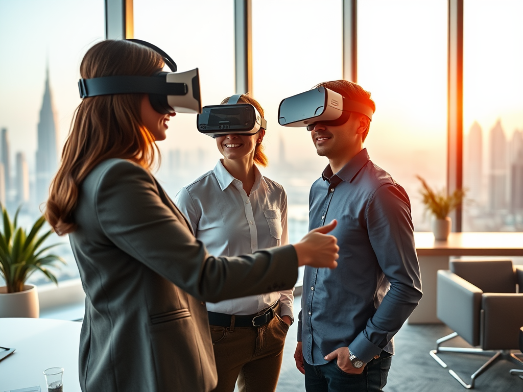 Three professionals in VR headsets collaborate in an office with a city skyline backdrop during sunset.