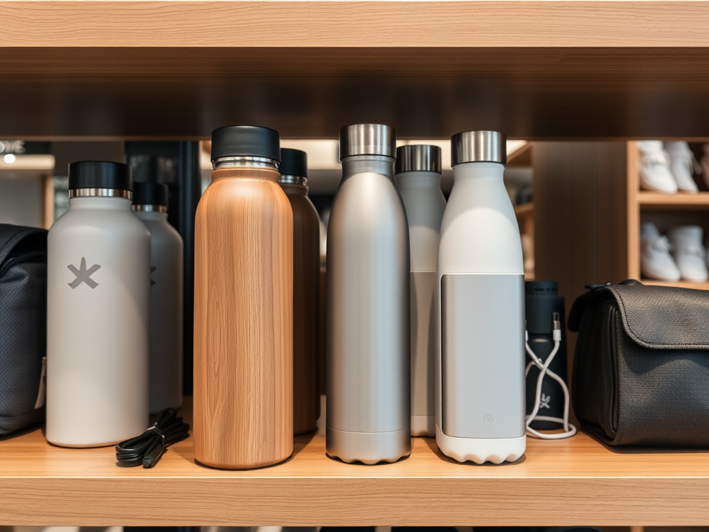 A shelf displays various stylish water bottles in different colors and designs, alongside accessories like a bag and cables.