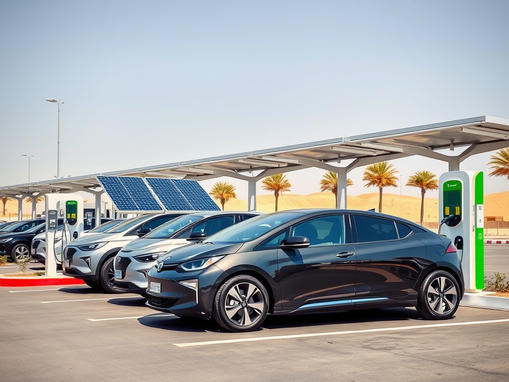 A row of electric cars parked at charging stations under solar panels, surrounded by palm trees and sand dunes.