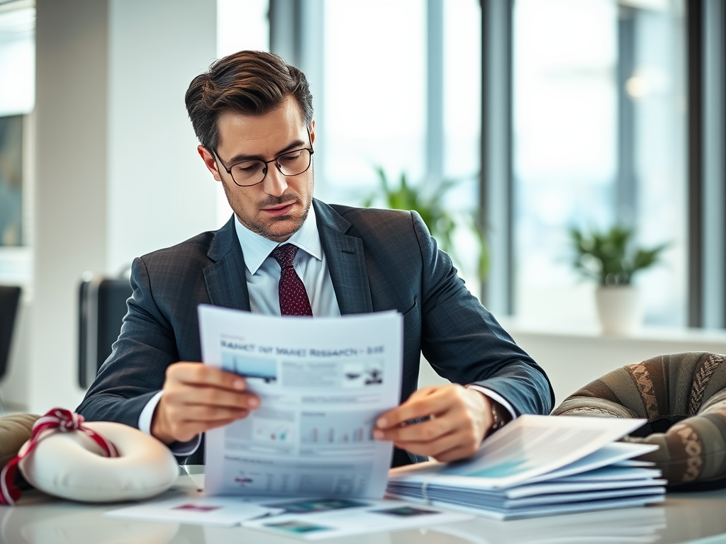 A young businessman in a suit examines market research reports while sitting at a desk in a modern office.