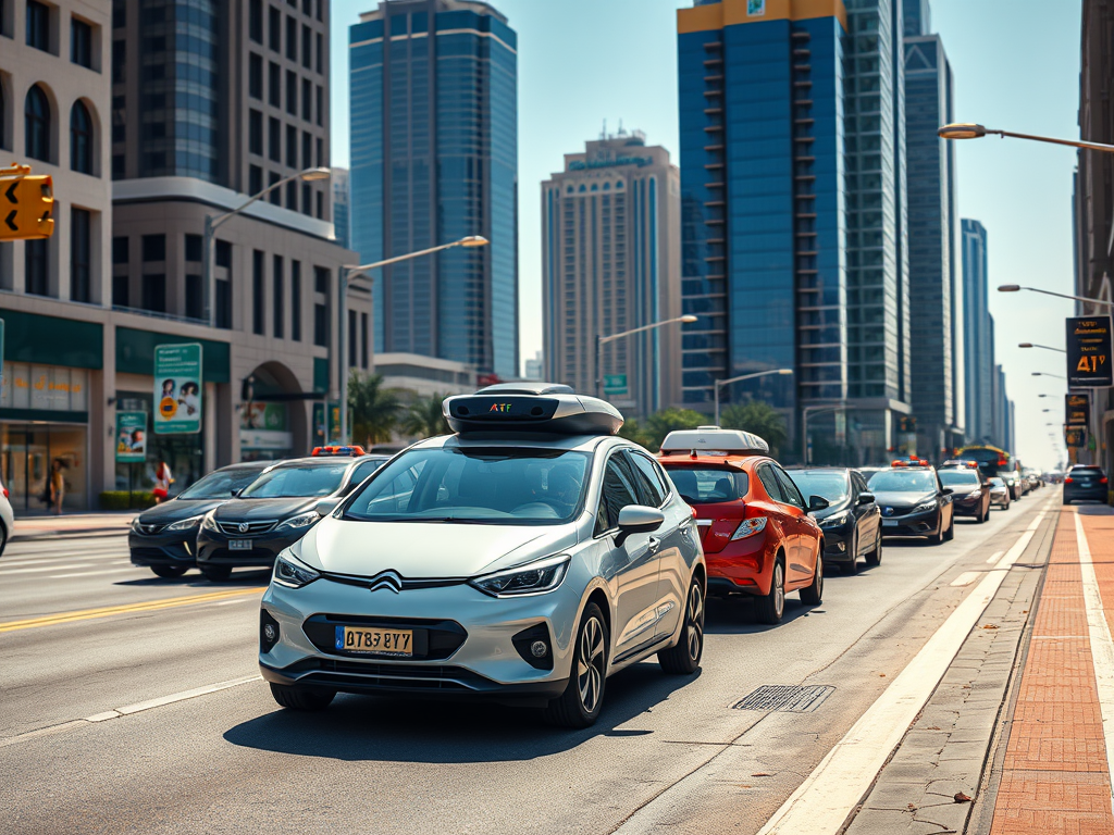 A busy urban street with various cars, including a gray one with a rooftop device, in a modern city setting.