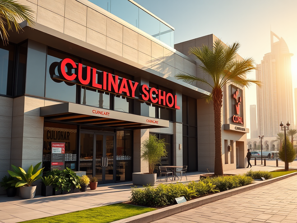 The image shows a modern school building with large signage reading "CULINAY SCHOOL" and palm trees in the foreground.