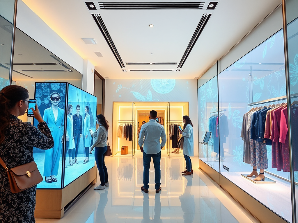 A modern clothing store interior with digital displays, featuring shoppers interacting with fashion items on display.