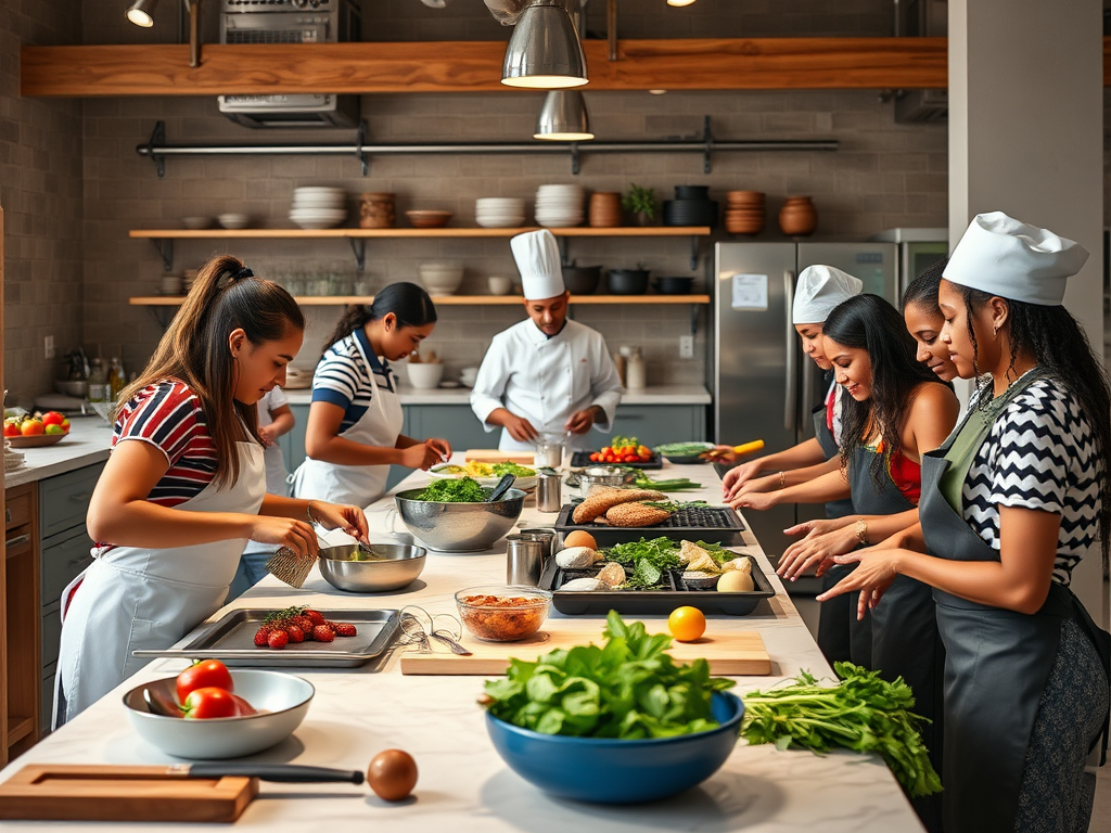 A group of people cooking in a bright kitchen, preparing various ingredients and dishes together.