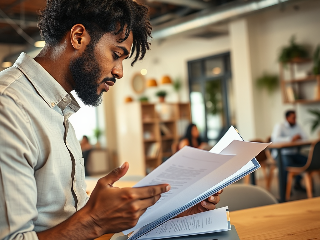 A man reads through a stack of documents in a bright, modern workspace with people in the background.