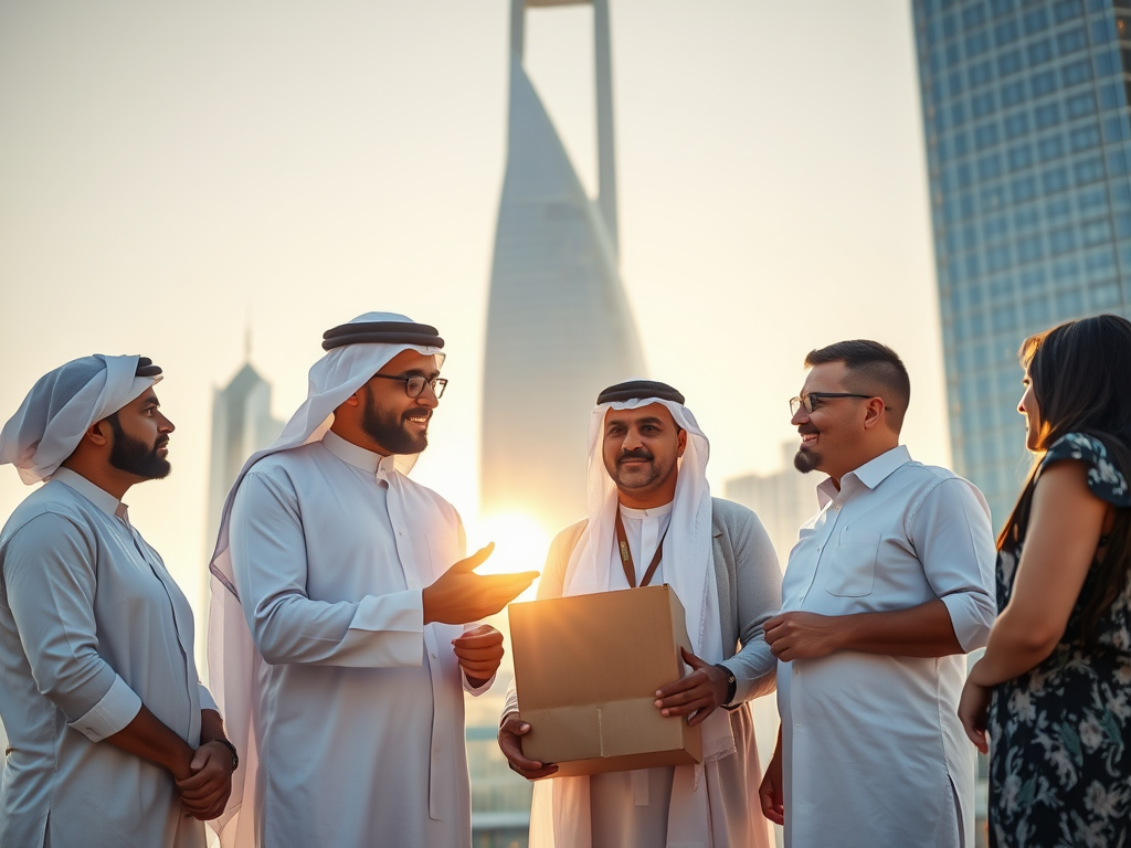 A group of professionals in traditional attire discusses a project outdoors during sunset in a city setting.