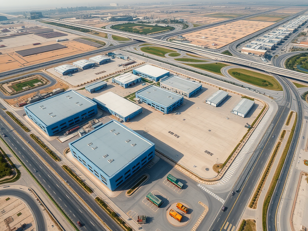 Aerial view of a blue industrial complex with multiple buildings and surrounding roads, in a vast landscape.