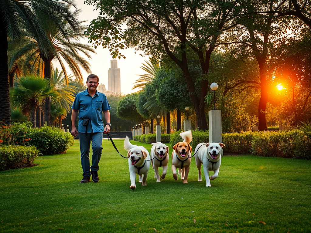 A man walks five happy dogs through a lush park at sunset, with tall buildings visible in the background.