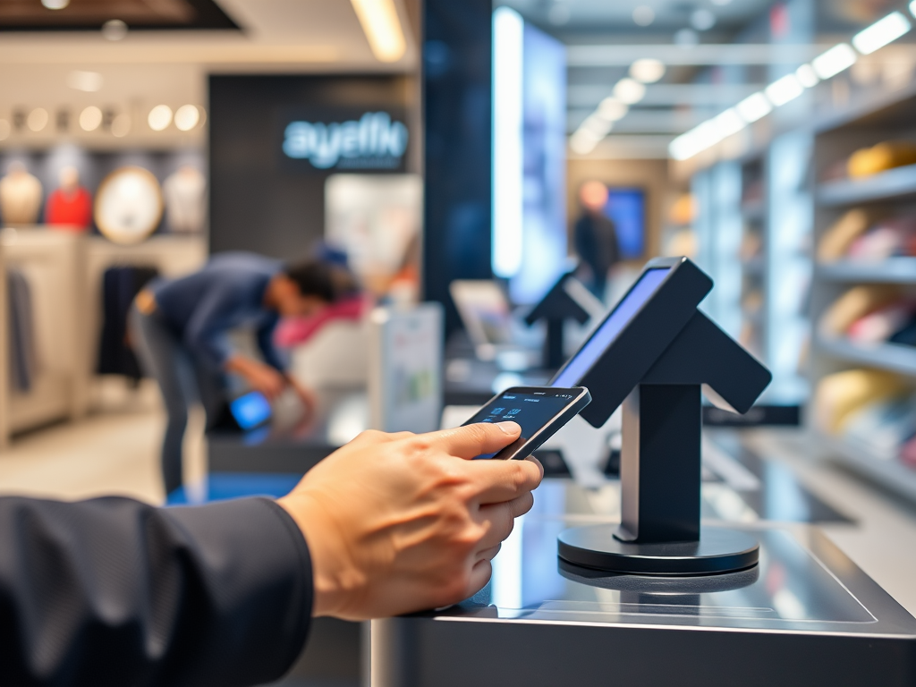 A person uses a smartphone near a touchscreen display in a modern retail store setting.